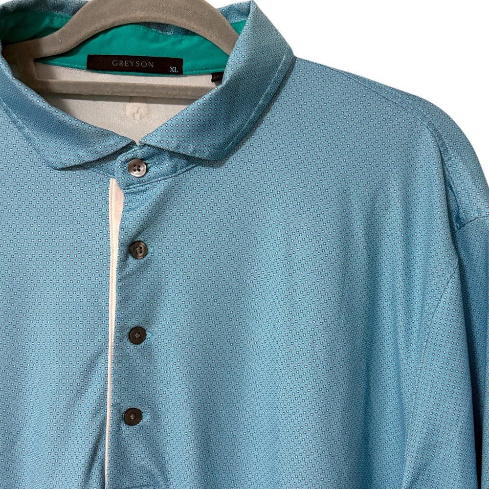 Greyson Mens XL Polo Shirt Light Blue Geometric Diamond Print Performance Golf